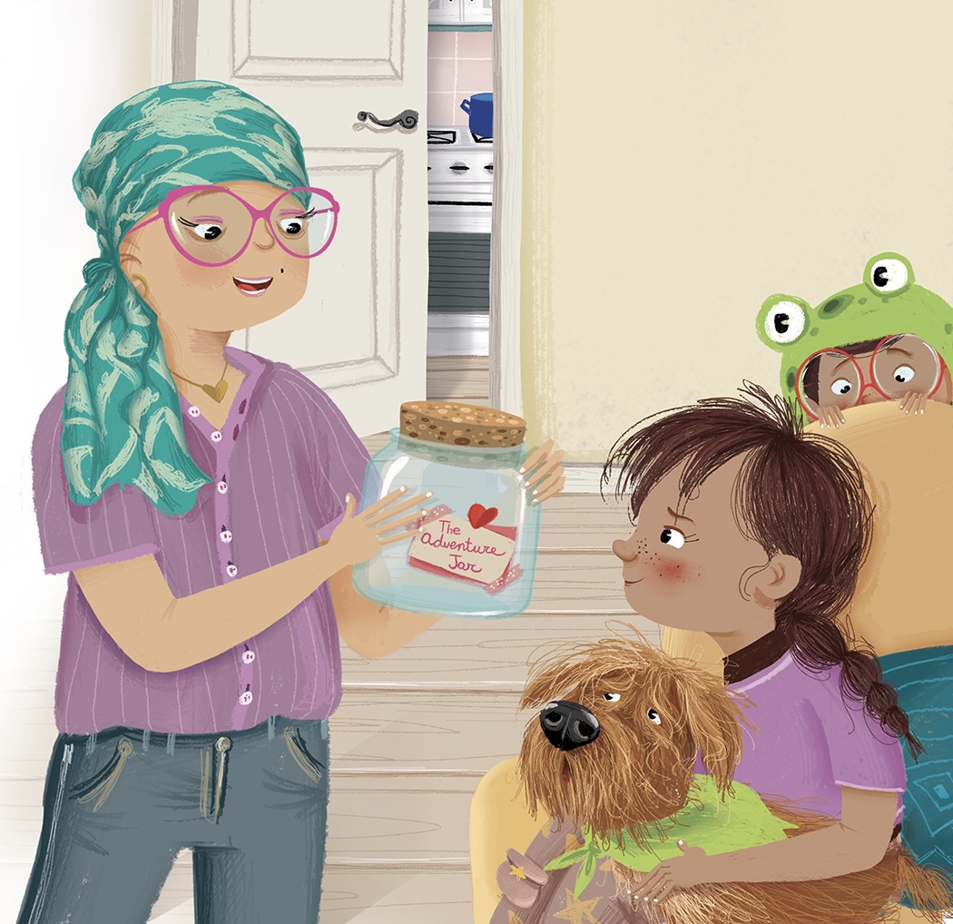 An illustration from The Adventure Jar showing a woman holding the jar while children and a dog look on.